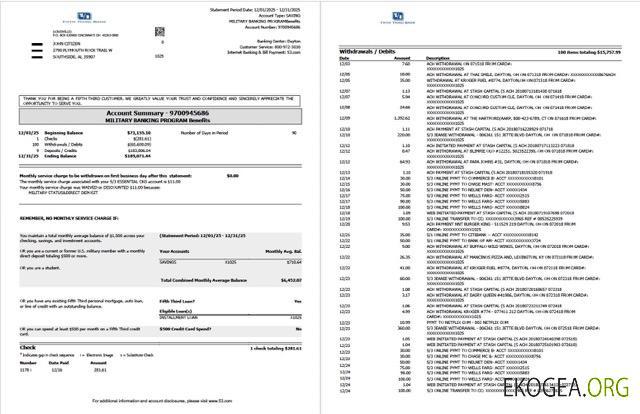 Modèle Word et PDF de relevé de compte USA Fifth Third Bank, 2 pages